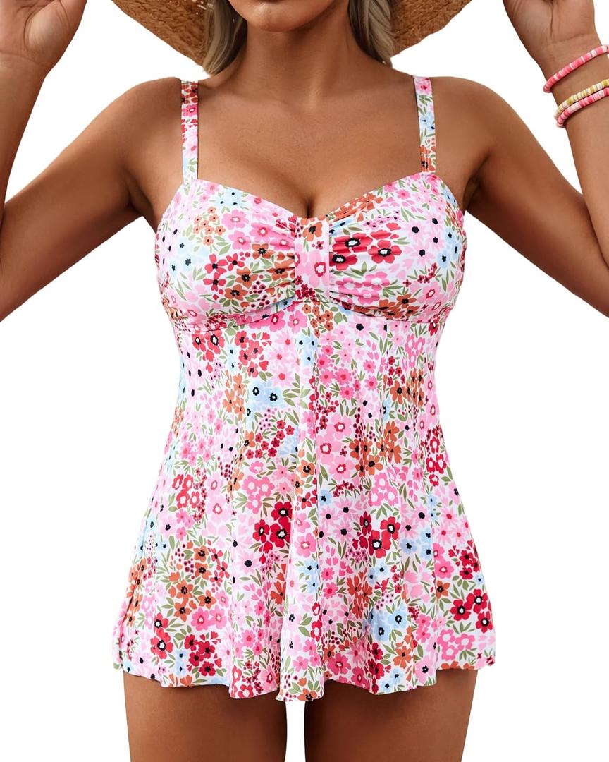 DaiLiWei Tankini Swimsuits for Women Two Piece Tummy Control Bathing Suit High Waisted Swim Suits Modest Flowy Swimdress 2026, M