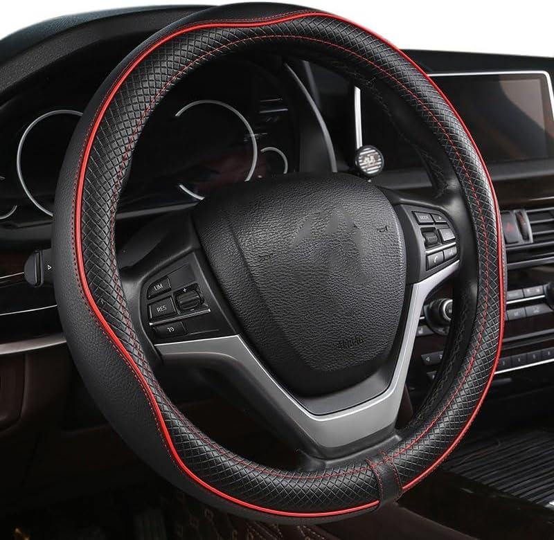 Car Steering Wheel Cover with Black and Red Trim, Leather-Like Material, Universal Fit, Water Resistance