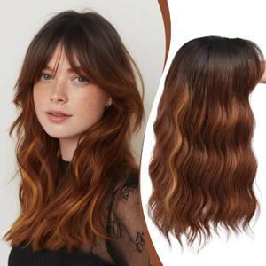 Hair Topper with Bangs 16 Inch Red Brown Balayage Synthetic Wavy Hair Toppers for Women 6.5"x6.5" Big Base Invisible Wiglets Hairpieces for Women Daily Wear