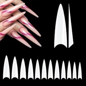 2 x 600Pcs Long Stiletto Nail Tips Half Cover Natural Stiletto Press On Nails 12 Sizes Pre Shaped Soft Gel Nails Fake Nails Tips for Nail Extension Home DIY Nail Salon with Box