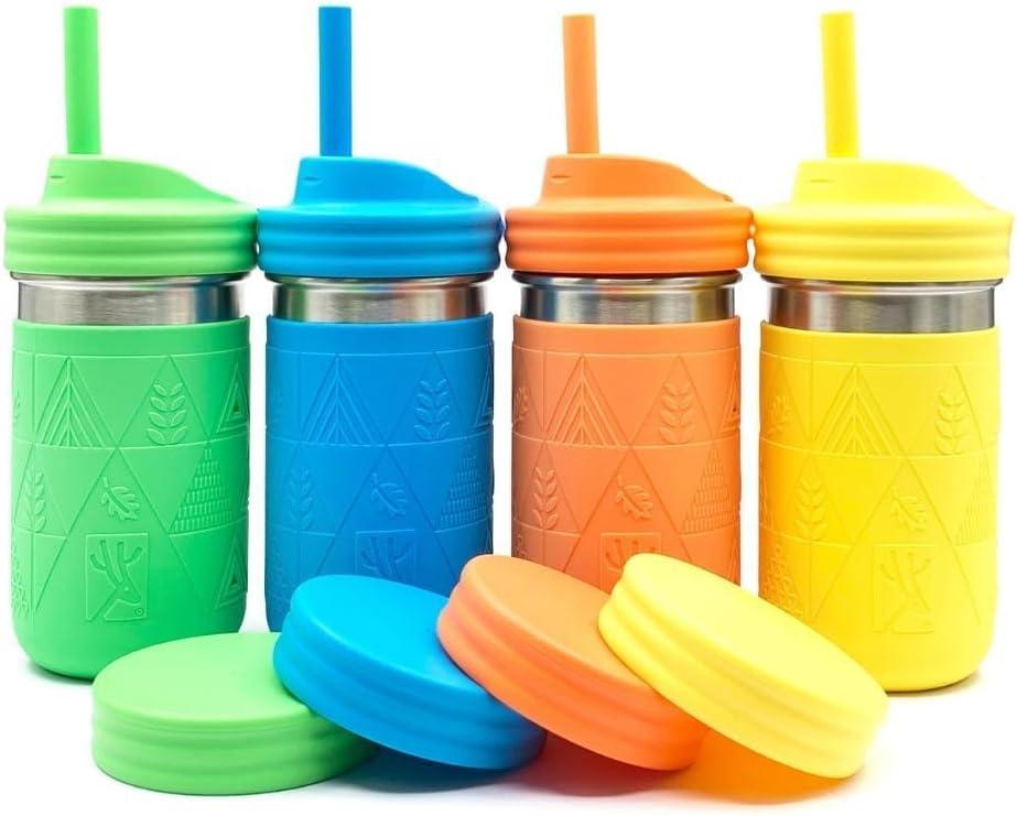Elk and Friends 14oz Stainless Steel Kids + Toddler Drinking Cups | The Original Mason Jar with Sleeves + Lids | Silicone Straws | Smoothies | Storage Jar | Spill Resistant | Dishwasher Safe | 4 Pack (Green/Orange/Yellow/Blue)