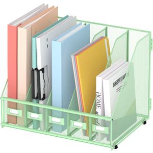 SUPEASY Desk Organizers Metal Desk Magazine File Holder with 5 Vertical Compartments Rack File Organizer for Office Desktop, Classroom, Home Workspace, Green