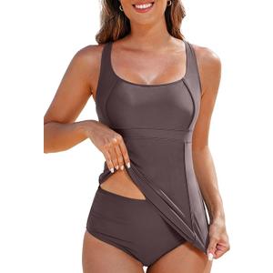 Aleumdr Women's Two Piece Tankini Swimsuits Modest Square Neck Bathing Suits Swim Tank Top with High Waisted Bottom (S)