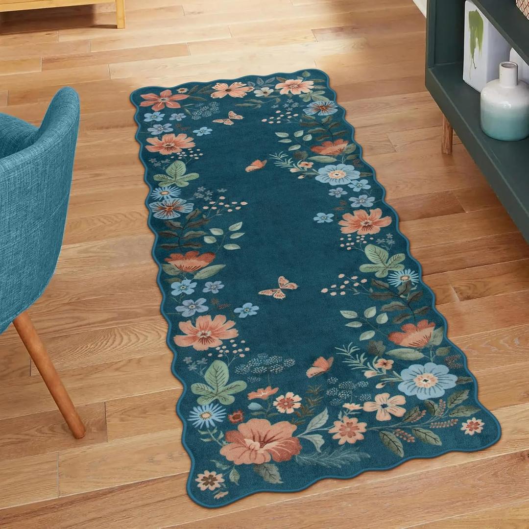 Lahome Floral Rugs for Entryway, 2x4 Washable Kitchen Rugs Ultra-Thin, Non Slip Indoor Door Mat Stain Resistant Boho Small Low-Pile Throw Carpet for Bathroom Bedroom Flore (2x4ft,Navy Blue)