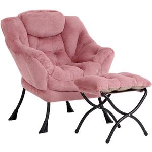 LITA Lazy Chair with Ottoman, Modern Accent Leisure Upholstered Sofa Chair, Lounge Reading Chair with Armrests and a Side Pocket for Living Room, Bedroom & Small Space, Plush Dark Pink
