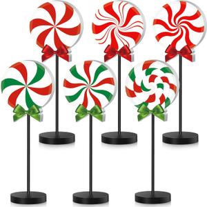 Wenqik 6 Pcs Christmas Candy Table Decor Christmas Wooden Tiered Tray Tabletop Decor Candy Cane Table Centerpiece for Xmas Home Desk Office Party Decoration