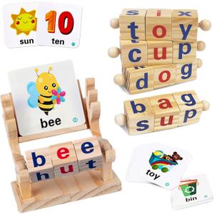 Wooden Reading Blocks for Kids 3 4 5 Years, Short Vowel Rods Spelling Games Flash Cards Turning, Site Words Montessori Spinning Alphabet Learning Toy for Preshcool Boys Girls.