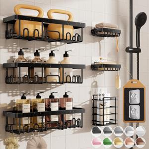 Veken Rustproof & Waterproof Shower Caddy 6-Pack, No Drilling Adhesive Shelves Rack with Soap Holder, Large Capacity Bathroom Organizers and Storage, Wall-Mounted Kitchen & Home Decor (6-Piece Set (Rustproof Upgrade), Black)