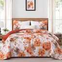 Luxudecor Floral Quilt Set King Size - 3 Pieces Orange Watercolor Botanical Bedspread Coverlet Set with 2 Pillowcases, Lightweight Soft Bedding Set for All Seasons 108"x92"