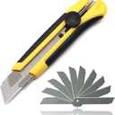 25mm Heavy Duty Utility Knife, Box Cutter SK-5 Retract Blades, Snap Off Cutters with Rubber Grip for Cardboard, Boxes, DIY Crafts Utility Knife and 10 Replacement Blades