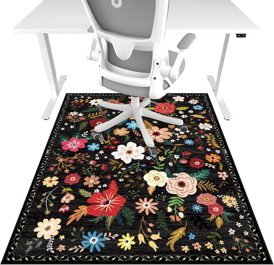 Office Chair Mat for Hardwood Floor & Tile Floor,36"x48"Heavy Duty Desk Chair Mat for Hard Floors, Under Desk Rug for Rolling Computer Chair,Anti Slip,Low Pile Carpet Floor-Black Multicolor Flower