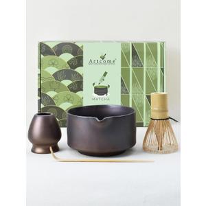 Artcome Matcha Bowl Set with Spout – Handmade Ceramic Chawan, Bamboo Whisk, Whisk Holder, Tea Scoop, and Matcha Manual – Traditional Japanese Tea Set for Matcha Lovers
