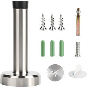 Wall Mounted Door stoppers, Heavy Duty Stainless Steel Door Stop with Rubber Buffer, Door Stopper for skirtings, Doorstop with Screws and Adhesive Tape, Protect Doors and Walls(Silver 1 Pcs)