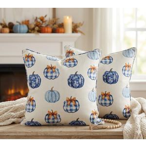 AOFANGGO Fall Pumpkins Chinoiserie Pillow Covers 18x18 inch Set of 2 Floral Print Autumn Themed Decorative Throw Pillows Outdoor Pillowcase Farmhouse Cushions for Couch Sofa Thanksgving Home Decor