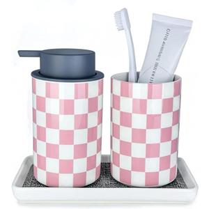 Pink Toothbrush Holder and Soap Dispenser Set, Ceramic Bathroom Accessory Set, Girly Bathroom Accessories Sets, Modern Cute Bath Room Decor for Girls Women-Checkered Pattern