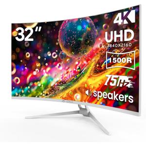 CRUA 32" White Curved Monitor, 4K UHD(3840*2160P) 1500R VA Screen, 75Hz Computer Monitor Supports AMD Freesync, 120% sRGB, Built-in speakers, Blue Light Filter,Wall Mountable Installs(HDMI 2.0/DP 1.4)