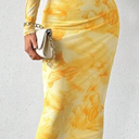 GORGLITTER Women's Sexy Floral Print Mesh Insert Maxi Dress Long Sleeve Crewneck Bodycon Dresses Yellow Small