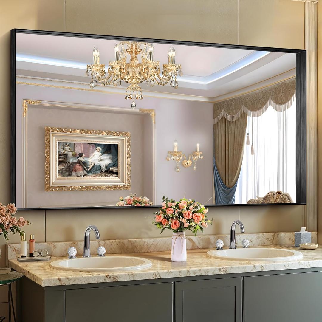 CIRCUMI Black Bathroom Mirror, 30"x60" Rectangular Mirror with Deep Metal Frame, Brushed Finish, Tempered Glass, Large Mirror for Wall, Over 2 Sinks, Installed Vertically/Horizontally, Crystal-Clear (Squared Corner Black)