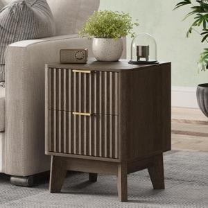 Fluted Nightstand, Modern End Table with Metal Handle,2 Storage Drawers Side Table, Bedside Table for Bedroom, Wood Nightstands, Curved Profile Design Furniture, Walnut
