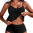 Edelqual Women's Tankini Swimsuits Two Piece Tummy Control Flowy Bathing Suit Tie Swim Top High Waist Bottom Swimwear (Black, L)