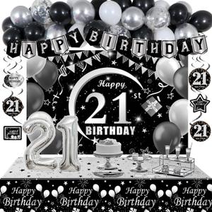 21st Birthday Decorations for Him Her, Black Silver 21 Birthday Decorations for Men with Happy 21st Bday Balloons Banner Backdrop Table Cloth and 21 Balloon Numbers, Twenty One Year Old Party Supplies