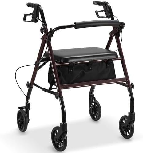 Rollator Walker with Seat, Foldable Rolling Medical Walker with 6" Wheels, Aluminum Frame Supports Up to 300 lbs