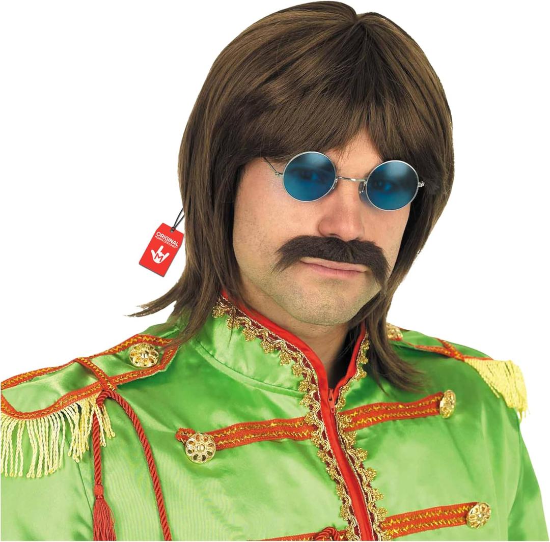 fun shack Brown Wig for Men, 70s Disco Party Wig, Rock Band Cosplay Wig with Mustache, 60s Retro Style, One Size