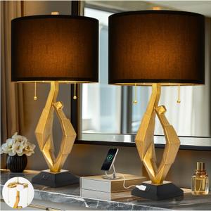 Sculptural Table Lamp Set of 2 with USB Ports For Living Room, Gold Leaf Finish Farmhouse Bedside Lamps with S Cluster Pull Chains Switch for Bedroom, Rustic Nightstand Lamp for Office, Hotel, Bar