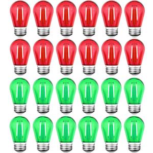 24 Pack S14 LED Red Light Bulb Green Light Bulb, Shatterproof 2 Watt Red Green String Light Bulbs Plastic Waterproof E26 Base Filament Edison Outdoor Replacement Christmas Light Bulbs, 120V
