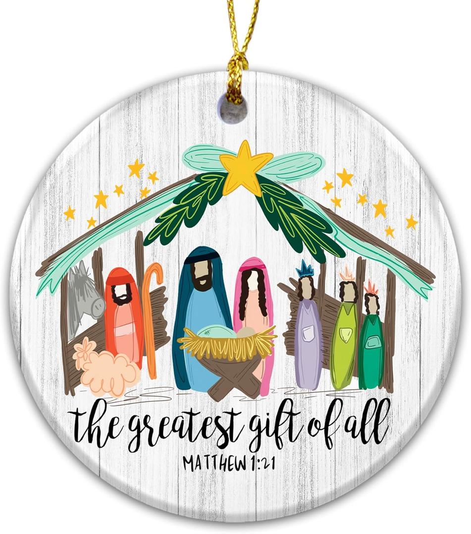 2 x Nativity Ornament 2025, Religious Ornament 2025  White Elephant Gift, The Greatest Gift of All with Matthew 1:21  Baby Jesus Holiday Dcor & Faith Keepsake