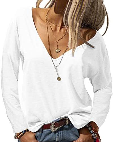 Danedvi Women Fashion Deep V-Neck Long Sleeve Tops Solid Casual Loose Basic T Shirt No Size