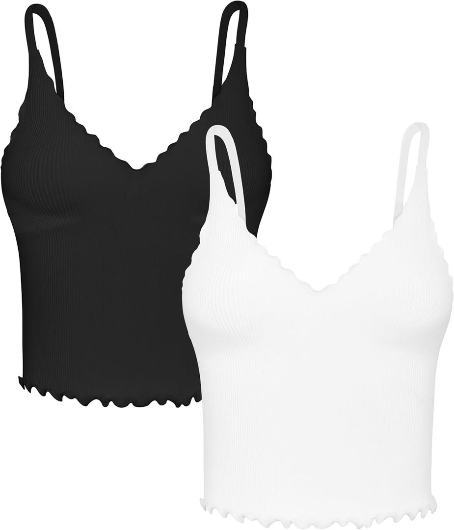 Sunzel Tank Top for Women, V Neck Seamless Ribbed Crop Camisole with Ruffles (Large, Black & White)