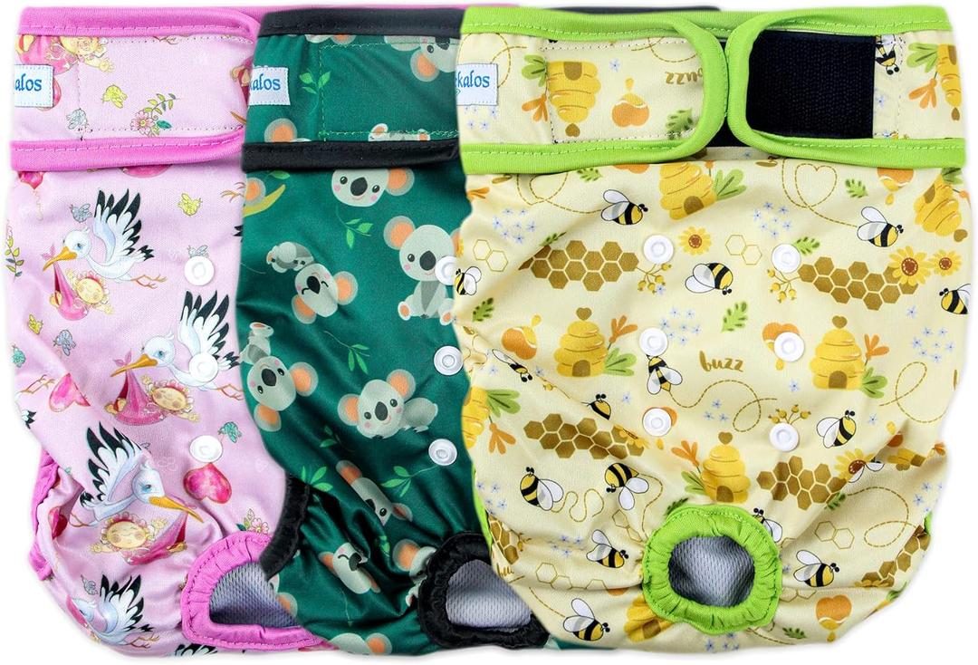 Leekalos Reusable Washable Dog Diapers Female (3 Pack) - Highly Absorbent Doggie Diapers - Size Adjustable Puppy Diapers for Dog Period Panties (Small, Honeybee) (Small (Newborn-10.5" Waist), Honeybee(Gray Lining))