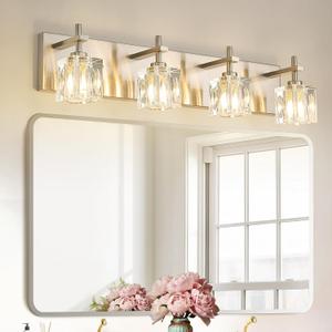 VitaLink Modern Crystal Bathroom Vanity Light 24-Inch Vanity Light Over Bathroom Mirror 4-Light Wide Backplate Wall Light for Bathroom Living Room