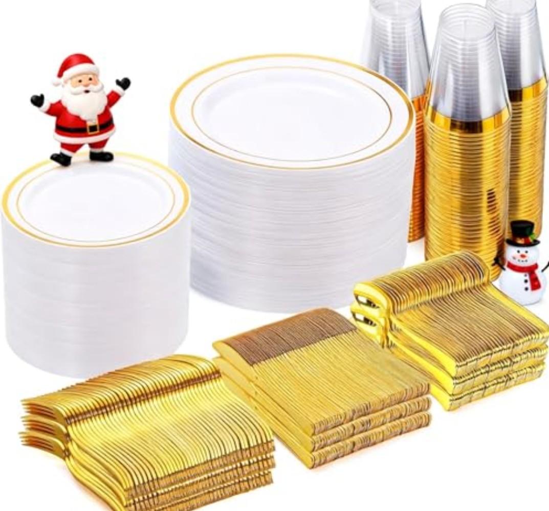 Goodluck 600 Pieces Gold Disposable Plates for 100 Guests, Plastic Plates for Party, Dinnerware Set of 100 Dinner and 100 Dessert Plates, 100 Spoons, 100 Forks, 100 Knives, 100 Cups