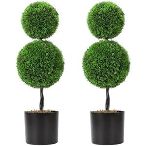 DUZYXI 2 Pack Fake Shrubs Plants Potted,24" 2FT Artificial Topiaries Cypress Ball Tree,Faux Topiary Ball Trees for Front Door Porch Decor Lifelike Fake Plant Greenery Arrangements-2 Ball Green