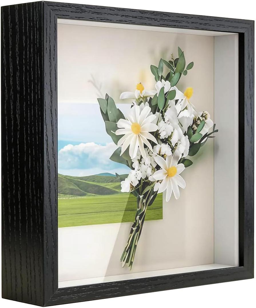 6x6 Shadow Box Frame, 3D Picture Frame Display Cas with Real Transparent Glass for Photos, Memorabilia, Crafts, Souvenir, Wedding Memories, Baby Items - Black/ 1.2 Inch Depth