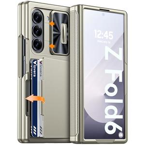 Vizvera for Samsung Galaxy Z Fold 6 Case RFID Wallet with Cards Holder [Hinge Cover] [Camera Cover] Shockproof Silicone Protective Phone Case for Z Fold 6 2024-Natural Titanium