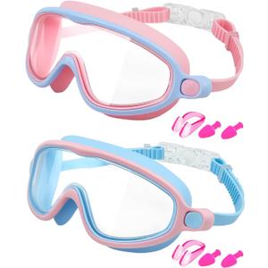 Rantizon Swim Goggles 2 Pack, Wide View Anti Fog&UV Swimming Goggles for Audlt, No Leaking Pool Accessories for Men Women Kid (Blue & Blue Pink)