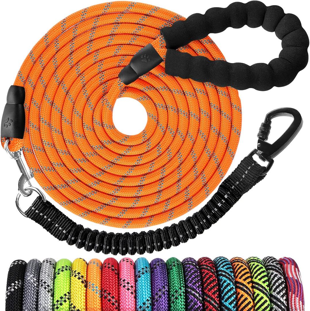 Long Dog Leash 30 FT: Heavy Duty Rope Leashes for Dogs Training with Swivel Lockable Hook Reflective Threads Bungee and Padded Handle - Dog Lead for Large Small Medium Dogs Outside Walking Hiking (30ft*1/2'', Orange)