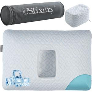 USlixury Ear Piercing Pillow with Foam Plug - Ear Pillow with Off Center and 4.7"X3.2" Hole, Soft CertiPUR-US Memory Foam, Cooling Piercing Pilow for Side Sleepers, Traveling, 16"X11"X4''