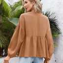 KOJOOIN Babydoll Tops for Women Plus Size T Shirts Peplum V Neck Ruffle Tunic Cute Fall Ladies Tops and Blouses, L Brown