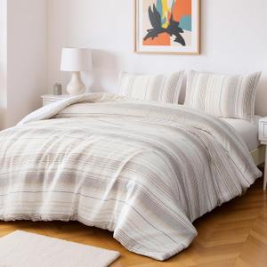 Amazon Basics Comforter Set, 3-Piece Jacquard Microfiber Comforter and 2 Pillow Shams, All-Season Bedding, Queen, Beige Striped