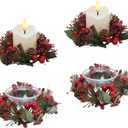 Candle Rings Set of 4 Christmas Candle Wreaths with Red Berries, Pine Needles Pinecones Led Candles and Glass Cup,Suitable for Christmas Table, Front Door, Cabinet and Window Decoration (Green)