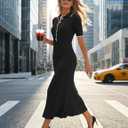 MEROKEETY Women's Spring Summer Ribbed Maxi Dress 2026 Bodycon V Neck Button Short Sleeve Slim Fit Knit Sweater Dresses (Black, XL)