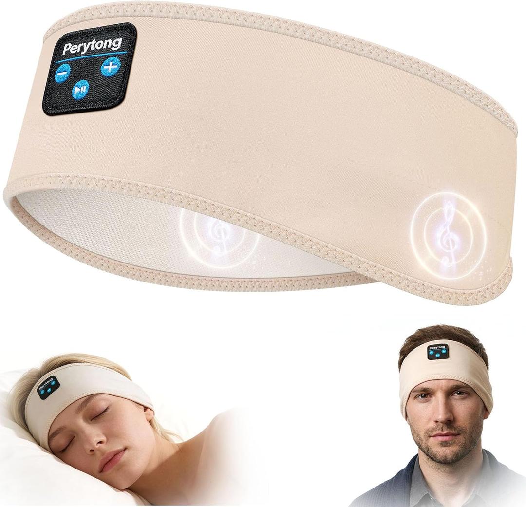 Sleep Headphones Bluetooth 5.4 Headband, Wireless Sleep Headphones with Ultra-Thin Stereo Speakers for Side Sleepers, Sports Headband Music Earphones Eye Mask for Nap Jogging Running Workout Air (Cream&White)