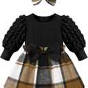 Qaoerde Baby Girl Dress Puff Sleeve Plaid Dress Ribbed Newborn Dress Clothes Fall Winter Outfits with Bowknot Headband (12-18 Months)