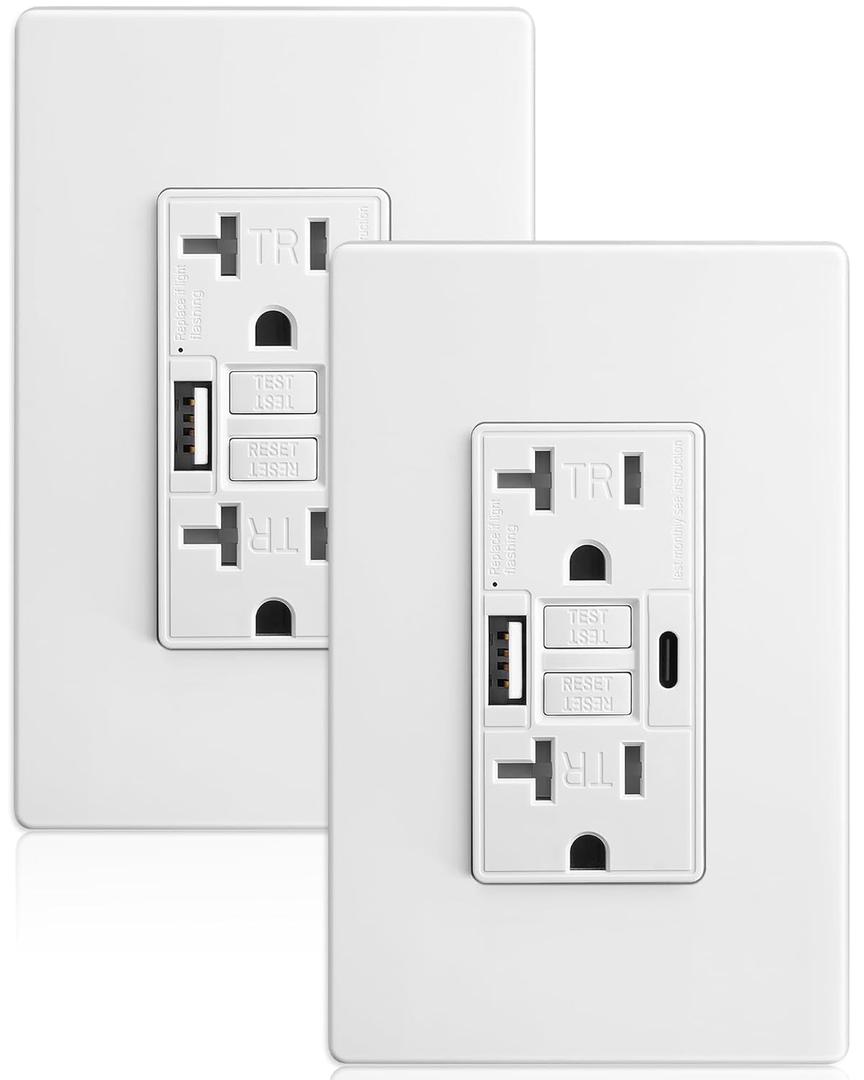 SURAIELEC 20 Amp GFCI Outlet with USB-C & USB-A Ports, Self-Test GFCI Electrical Outlet Combination with USB, Tamper-Resistant GFCI Outlet, Screwless Wall Plate Included, ETL Listed, White,2-Pack