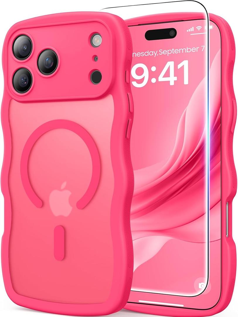 DOMAVER for iPhone 17 Pro Max Case for Women, 1X Screen Protector+1X Wrist Strap, [Compatible with MagSafe] [Full Camera Protection] Cute Wave Matte Phone Case for iPhone 17 Pro Max, Hot Pink