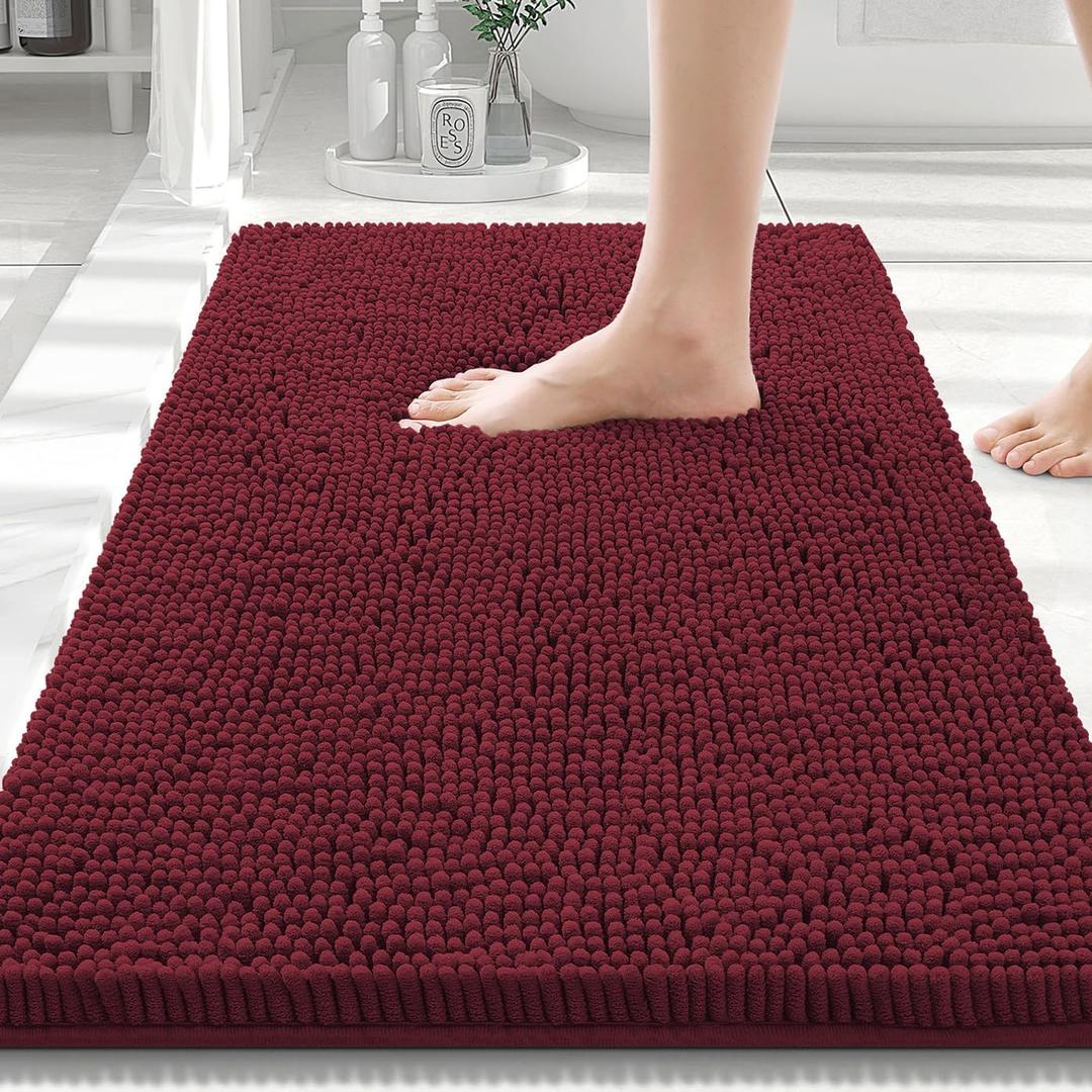 Smiry Luxury Chenille Bathroom Rugs 30x20, Extra Soft and Absorbent Shaggy Bath Mat, Machine Washable, Non-Slip Plush Carpet Runner for Tub, Shower, and Floor, Home Decor Accessories, Burgundy
